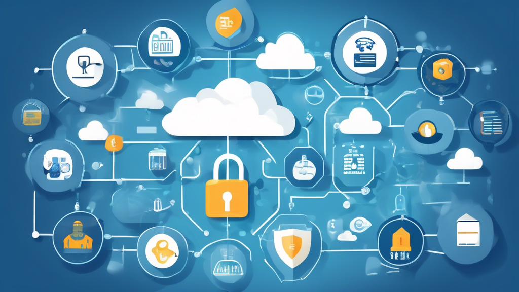 Create an image that depicts the advantages of implementing Cloud Security Posture Management (CSPM) in cloud environments. The image should feature a cloud network with protective shields and security icons representing proactive threat protection, cost savings, and time efficiency. Additionally, include visual elements that indicate the identification and defense against security threats, along with symbols for financial growth and operational efficiency to reflect ROI. Ensure the overall theme communicates security, efficiency, and financial benefits in a futuristic and high-tech style.