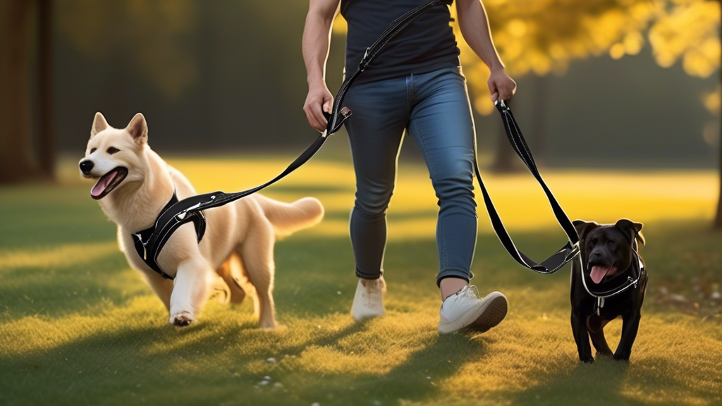 Create an image of a sleek, durable dog leash called the Atlas Leash. The leash should have reflective stitching and secure fastenings, emphasizing safety features. Show a dog owner walking their dog at twilight, with the reflective stitching on the leash making them highly visible. Illustrate the owner confidently holding the leash, comfortably controlling their well-behaved dog. Include a subtle contrast in the image with a standard leash that lacks the same safety features, lying on the ground or in the background as an inferior option.