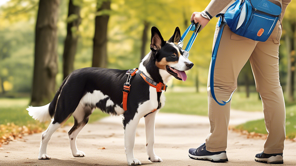Create an image showcasing the comfort and convenience of the Atlas Leash, focusing on its ergonomic design and additional functionalities. Show a happy dog owner walking their dog using the Atlas Leash with features like a built-in waste bag holder and adjustable length. Highlight the owner