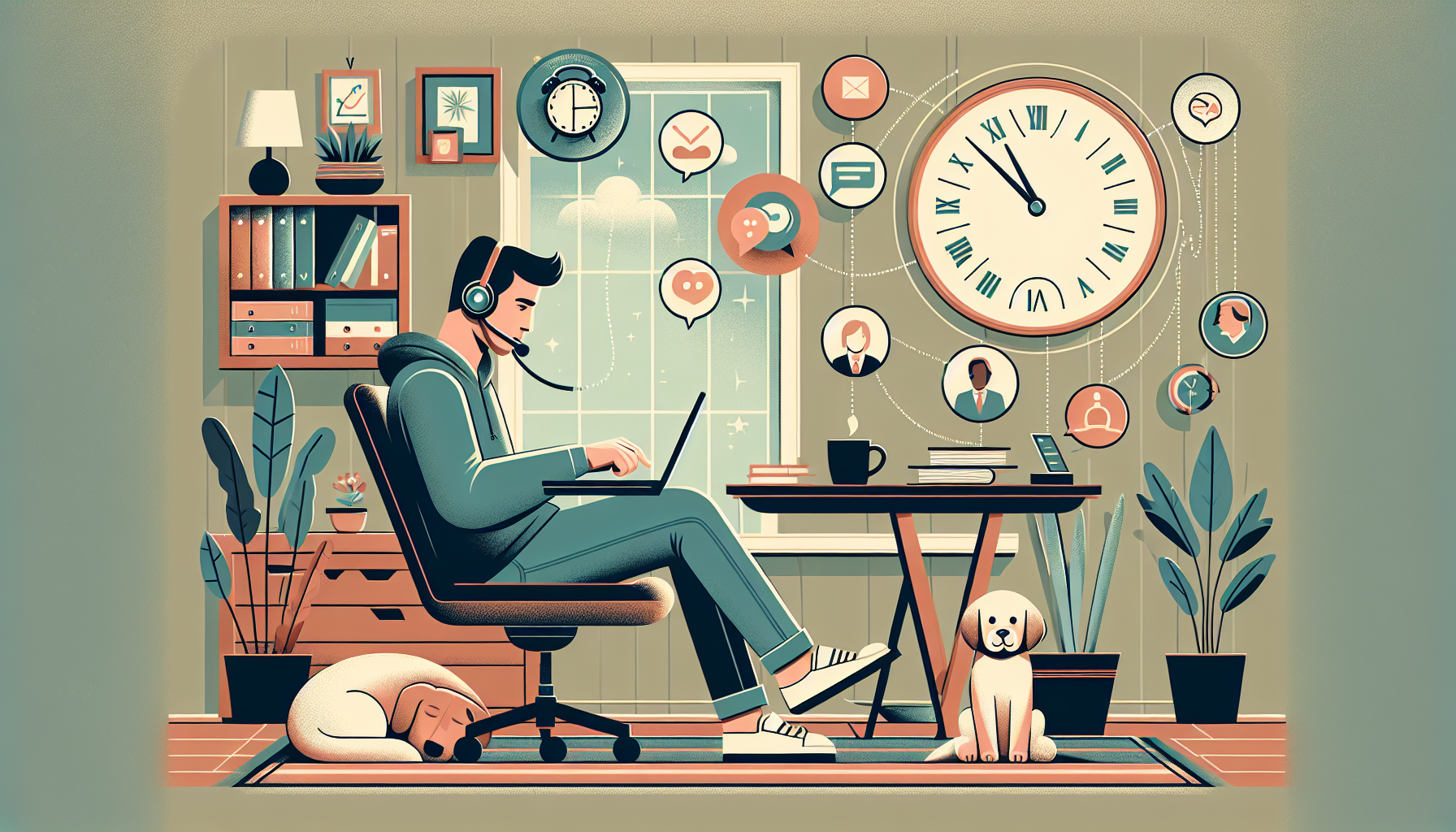 Create an image that captures the benefits and flexibility of remote customer service jobs. Showcase a person working comfortably from home on a laptop, with a headset on, while sitting in a cozy, well-organized home office setting. Surround them with symbols of flexibility and convenience, such as a clock showing a relaxed schedule, a coffee mug, and a pet resting nearby. Include a subtle background of various well-known company logos that offer remote customer service positions (e.g., Amazon, Dell, and Apple) to provide context. The vibe should be professional yet comfortable and inviting, highlighting the balance of work and home life.