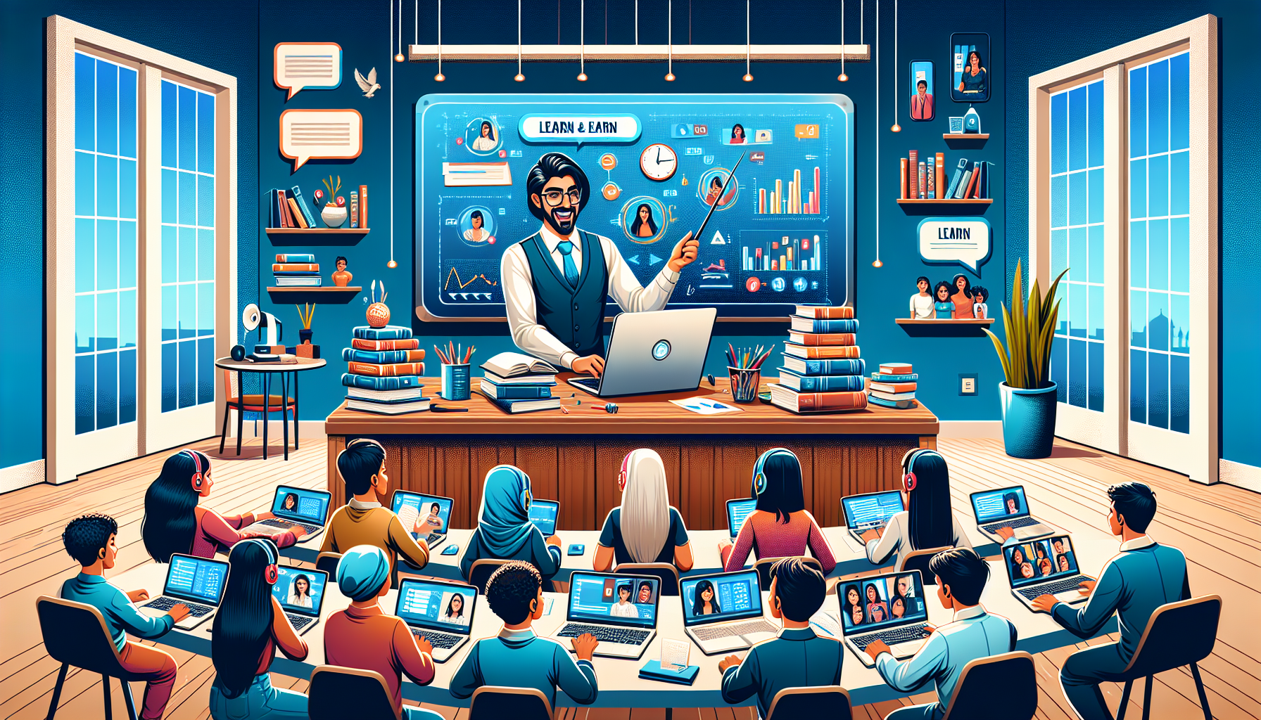 Create an image of an enthusiastic online tutor teaching a group of students through a video conferencing platform. The tutor is sitting at a tidy desk with a laptop, books, and educational materials, while students of various ages are visible on the computer screen. The backdrop includes a whiteboard with interactive equations, engaging charts, and a motivational Learn and Earn slogan. The scene is bright and inviting, emphasizing the rewarding and impactful nature of online tutoring and teaching. Keywords to consider for the illustration: online tutor, virtual classroom, knowledge sharing, and supplementary income.