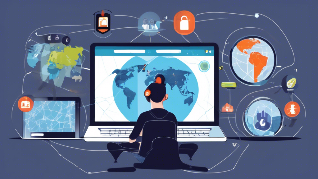 Prompt for DALL-E:

Create an image illustrating the concept of maximizing a VPN experience. Show a person using various devices (laptop, smartphone, tablet) with a VPN app open on each screen. Include visual elements such as a world map with virtual connections, padlocks symbolizing security, and icons representing tips and best practices (like strong passwords, secure Wi-Fi, and regular software updates). The scene should convey a sense of seamless, secure online activity across multiple devices.