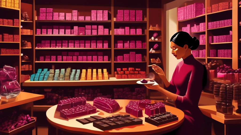 An artisanal chocolate shop filled with shelves of diverse unreal chocolate varieties, showcasing unique and exotic chocolates such as ruby chocolate, spicy chili-infused bars, and chocolates paired with rare fruits. In the foreground, a chocolate connoisseur is tasting a piece of ruby chocolate, while a small table displays recommended pairings of unreal chocolates with various wines and teas.