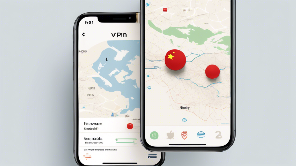 Create an image of an iPhone screen displaying a VPN app interface, featuring high-speed server options and global network coverage marked on a map. Add icons representing strong encryption and security protocols, and ensure the design looks user-friendly and easy to navigate. Incorporate subtle elements to reference China, such as a small Chinese flag or symbols, to indicate the context.