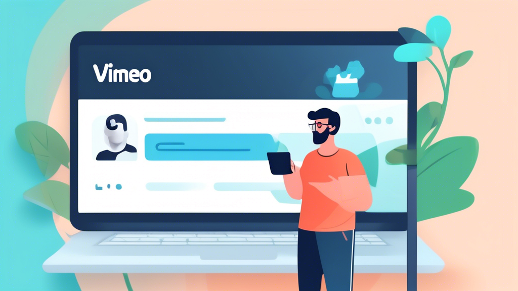 Create an image that visually represents preventive measures against Vimeo unauthorized access. Include elements such as a person setting up a strong password on Vimeo, a user enabling two-factor authentication, a magnifying glass inspecting account activity, and an update icon indicating the importance of keeping the Vimeo app and browser up-to-date. Background elements can include a computer screen with Vimeo