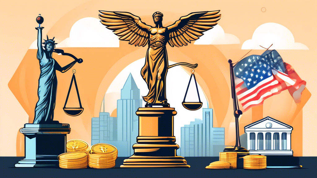 Create an image that illustrates the regulation and compliance landscape for cryptocurrency exchanges in the United States. The scene should feature a balance scale with a cryptocurrency exchange icon on one side and government regulation symbols (like scales of justice, a gavel, and a shield) on the other. In the background, incorporate elements representing entities such as the SEC and CFTC to highlight their impact. Ensure the theme is serious and professional, indicating the importance of legal compliance in the crypto market. [us crypto exchanges]
