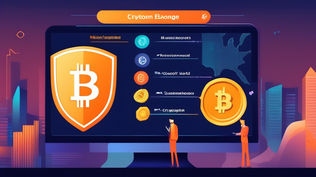 Create an image that illustrates the key factors in choosing the best cryptocurrency exchange in the USA. The scene should depict a user comparing different aspects such as security features, customer support options, trading options, and types of cryptocurrencies available. Include visual elements like comparison charts, security shields, customer service icons, and various cryptocurrency symbols (e.g., Bitcoin, Ethereum). The overall tone should be informative and helpful, conveying the importance of these factors in making an informed decision.