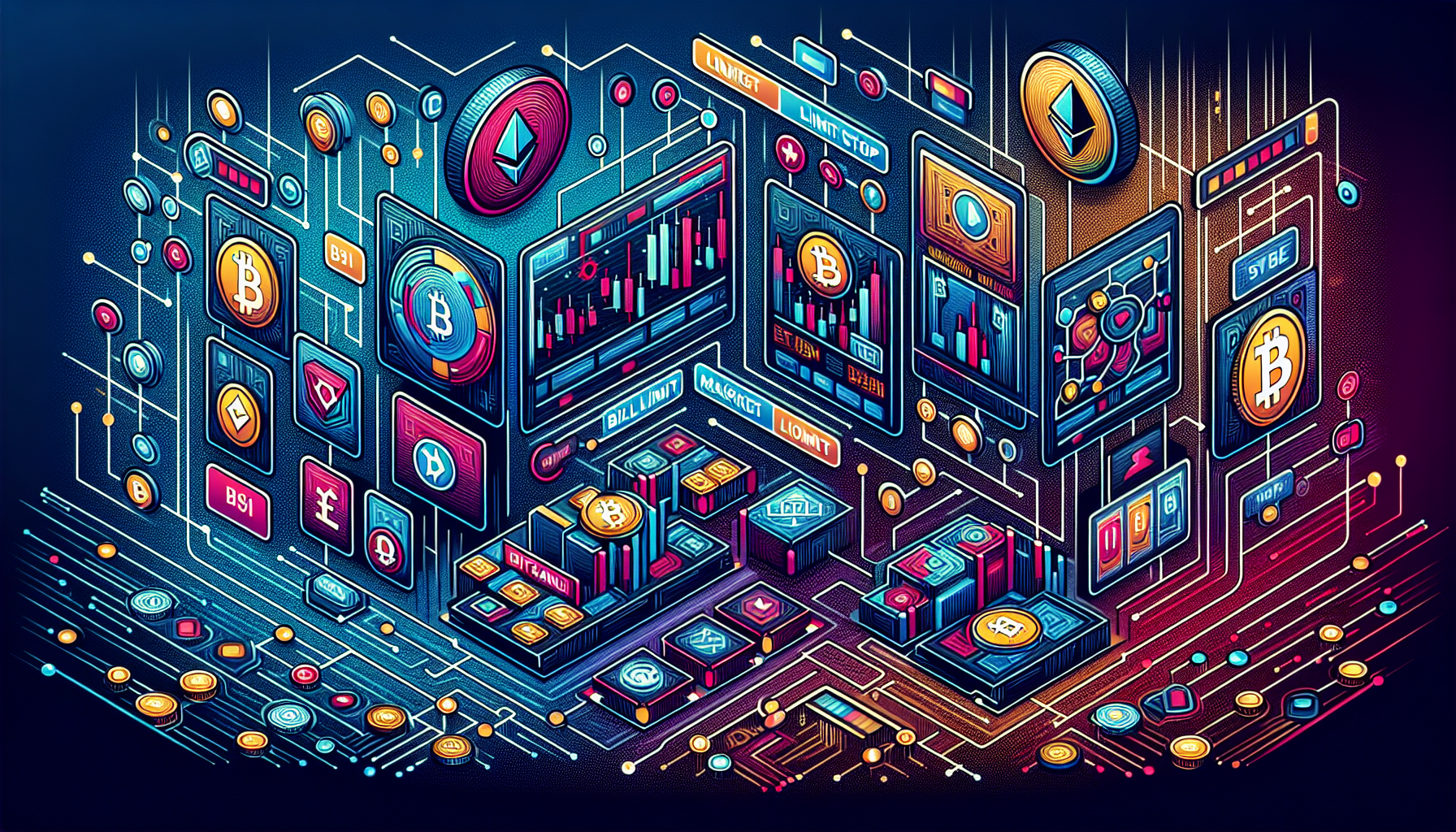Create a detailed and dynamic illustration of the WhiteBIT Exchange trading platform. Highlight the sleek trading interface with various types of orders (market, limit, and stop orders) available for traders. Include a visual representation of multiple supported cryptocurrencies and tokens like Bitcoin, Ethereum, and various altcoins, showcasing their logos. Emphasize the user-friendly layout that speaks to advanced trading features and cryptocurrency support, capturing the essence of an intuitive and robust trading experience.