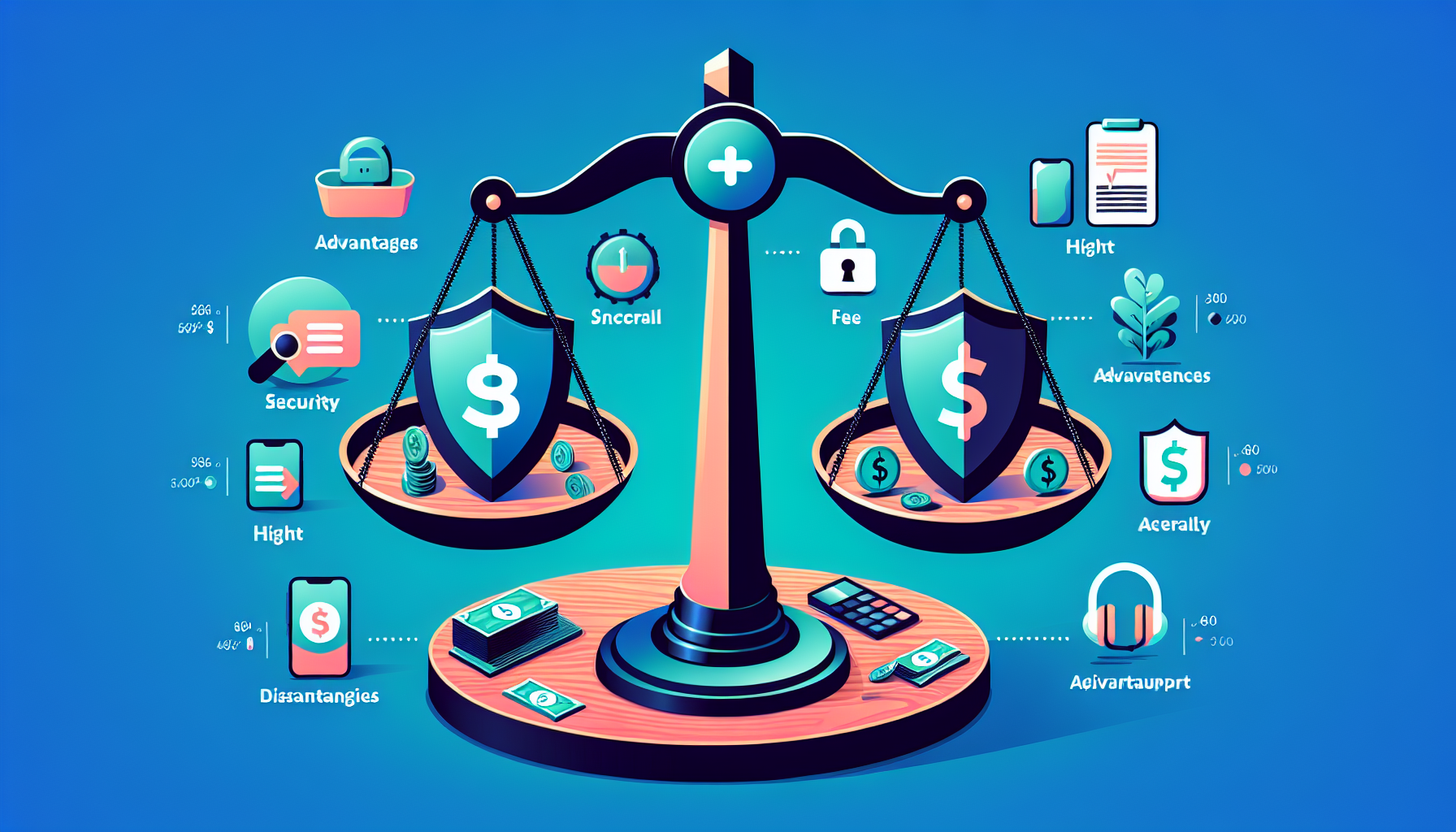 Prompt for DALL-E:

Illustrate the advantages and disadvantages of WhiteBIT Exchange with a focus on security, fees, and user experience. Show a balance scale with 