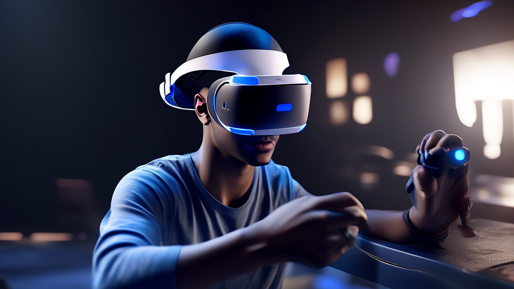 Create a highly detailed image showcasing the key features of PlayStation VR for PS5. The image should illustrate the immersive graphics and visuals, complete with a scene from a high-definition VR game. Include advanced tracking and controllers clearly visible, with the PlayStation VR headset in use by a gamer. Additionally, depict the ease of setup and compatibility by showing the PlayStation VR connected seamlessly to the PS5 console in a modern living room setting. Keywords: PlayStation VR for PS5, immersive graphics, advanced tracking, controllers, setup, compatibility.
