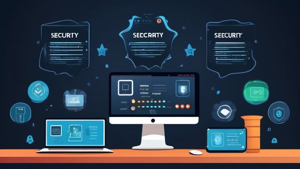 Create an image depicting a comparison table on a computer screen, highlighting the key features of different gratis VPNs. The table should include columns for security features (like encryption, zero-logs policy), performance, and user ratings. Illustrate a person thoughtfully analyzing the information on the screen with icons representing shield (for security), speedometer (for performance), and a star (for user ratings) prominently displayed. The background should include subtle hints of online security such as padlocks and digital data flow.