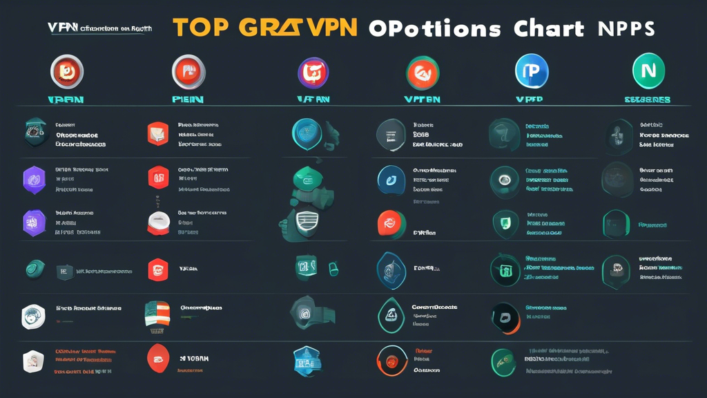 Create an image depicting a comparison chart of top gratis VPN options. The chart should include columns for the names of the VPN services, their strengths, weaknesses, and unique features. The VPN services should feature recognizable logos, and the chart should be designed in a modern, easy-to-read format with a tech-savvy aesthetic. Use icons and visual elements that indicate security, speed, and user preferences, to help illustrate the comparisons made in the chart.