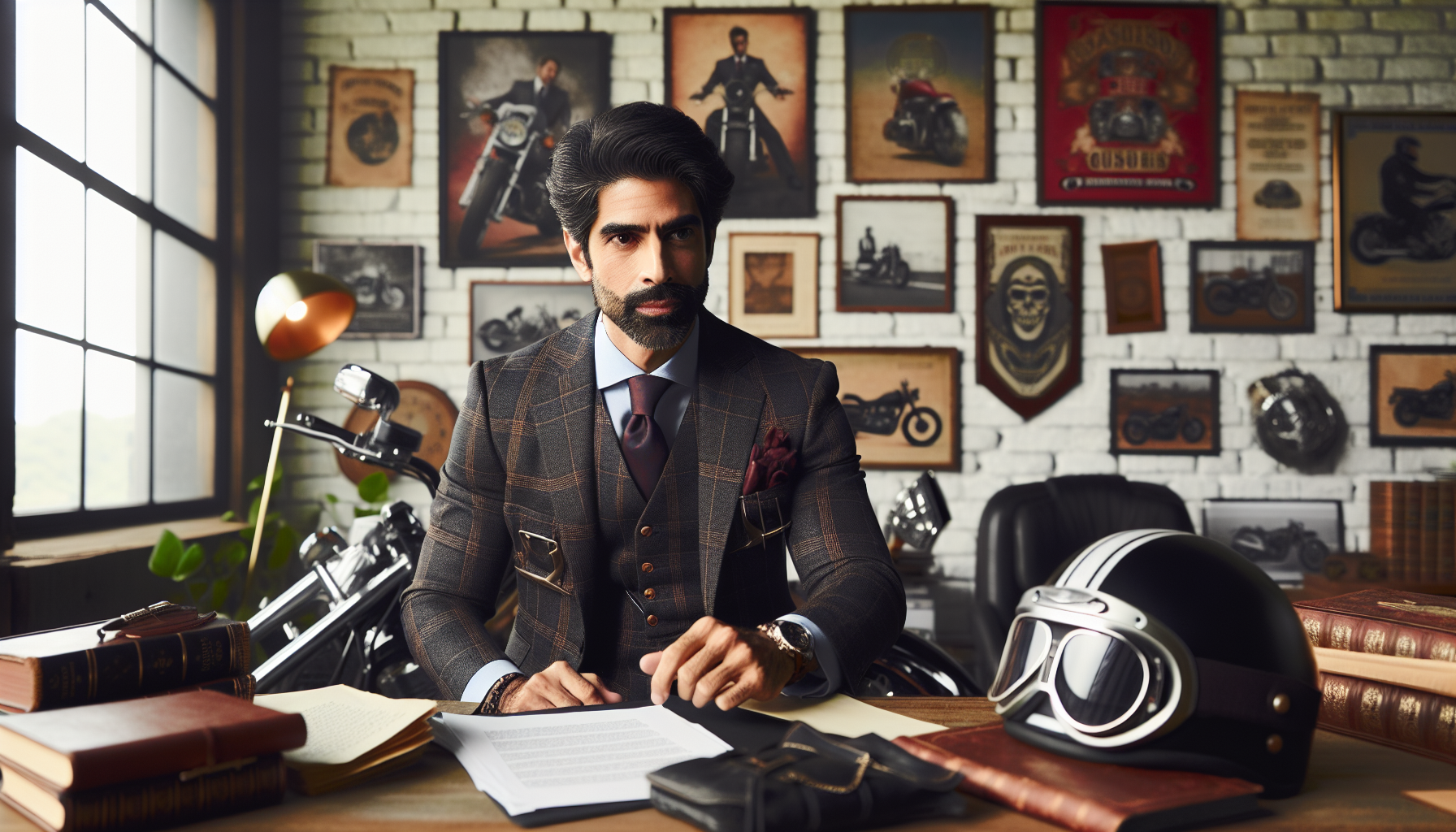 Portrait of a competent Harley accident attorney in a legal office, surrounded by Harley-Davidson memorabilia, discussing case details over documents with Harley culture elements visible. The attorney, wearing a combination of formal attire and subtle motorcycle-themed accessories, illustrates a deep understanding of both legal intricacies and the Harley biking community.