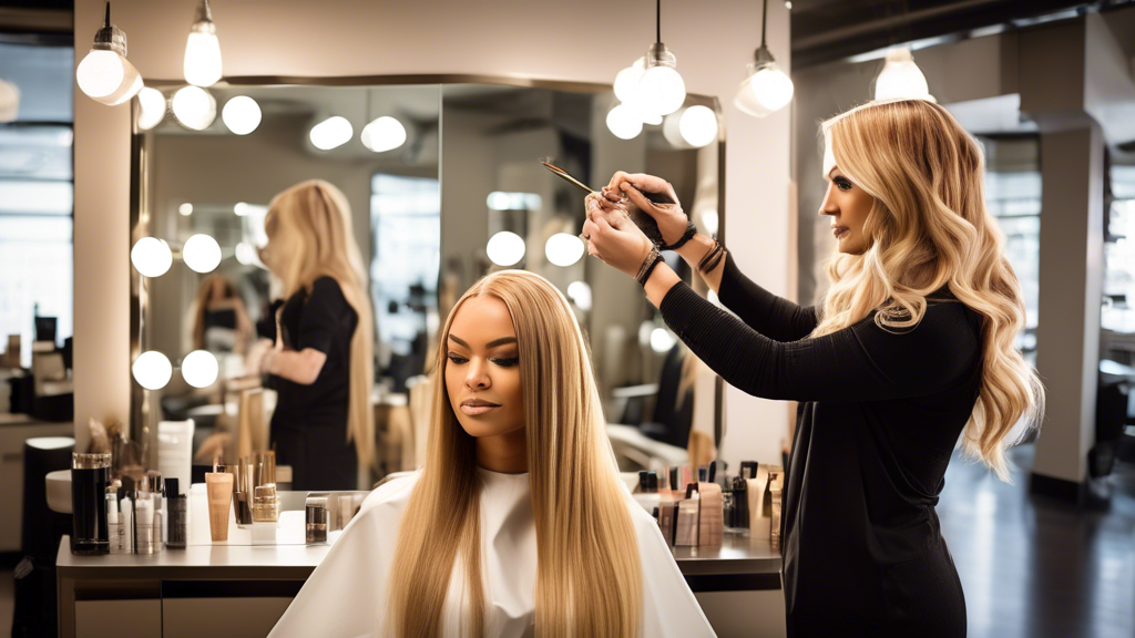 **DALL-E Prompt:**

A professional hair colorist in a modern, chic salon consulting with a client about getting blonde and caramel foils. The scene should include various hair color swatches, foiling materials, and a large mirror. The hair colorist, wearing stylish attire, is explaining the step-by-step coloring process to the client. The background should showcase the contemporary interior of the salon with other clients getting their hair done, emphasizing a collaborative and expert-driven environment.