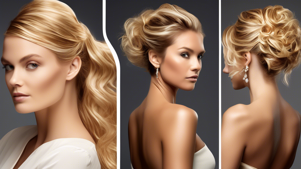 A DALL-E prompt for creating an image that relates to outline point #3:

Create a visually striking image showcasing a woman with blonde and caramel foil highlights styled in different ways. The first frame shows everyday beach waves that highlight the foils. The second frame features an elegant updo for a formal occasion, and the third frame presents a sleek, high ponytail. Include recommendations for hair products that enhance shine and texture, labeled on the side.