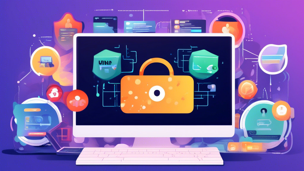 An image illustrating the importance of safety while using unblocked streaming sites. The scene features a laptop screen displaying a popular unblocked streaming site interface, surrounded by visual elements like shields, VPN icons, secure lock symbols, and ad-blocker icons. In the background, faint warnings or symbols representing cyber threats such as malware and phishing scams are shown. The setting should be a comfortable home environment, emphasizing the balance between enjoying content and staying secure online.