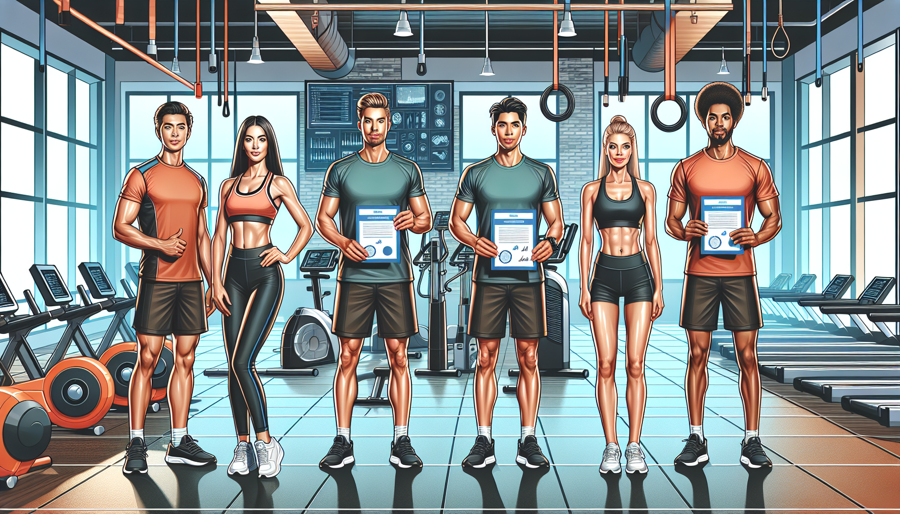 An illustration depicting a diverse group of eight personal trainers, each holding a certificate, standing in a gym with various exercise equipment around them.