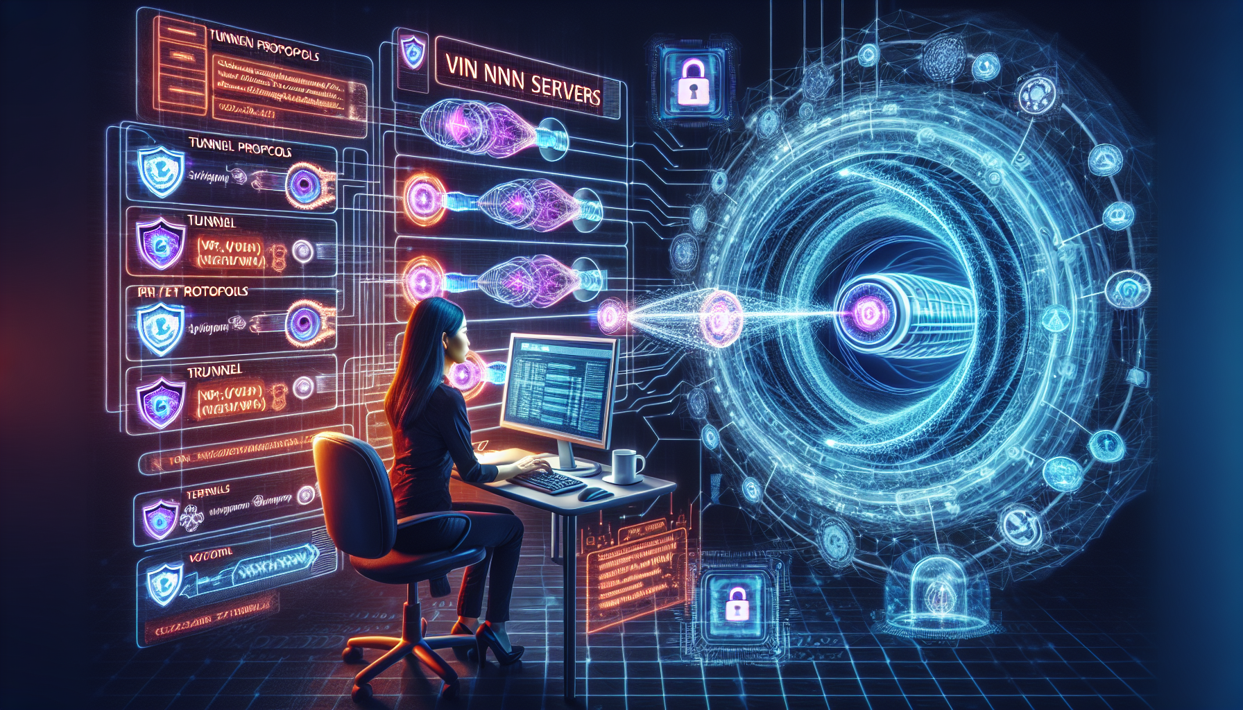 Create an image that represents the various effective methods for overcoming VPN blockers. The scene should include a person at a computer, switching between different VPN servers, reviewing a list of tunnel protocols, and using software to obfuscate VPN traffic. Highlight the technology aspect with visual elements like complex network diagrams, server icons, and code snippets to signify the advanced tactics being used.