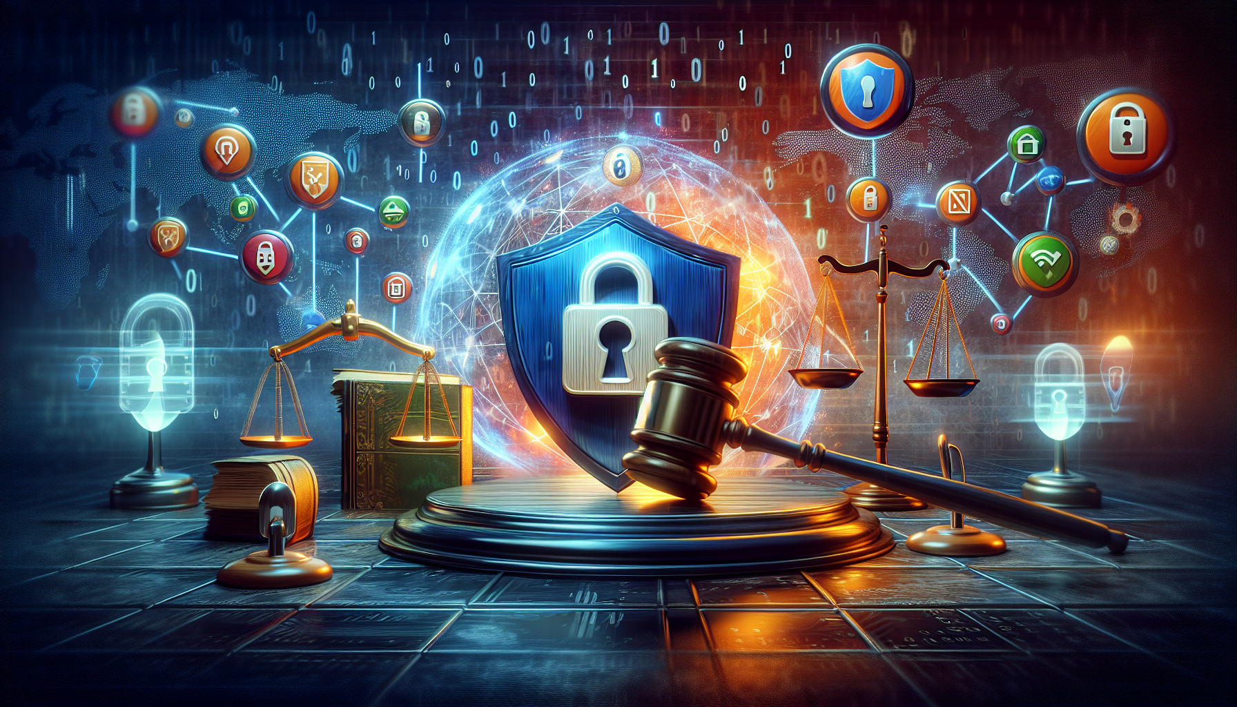 Create an image depicting carefully considered risks and legal implications associated with bypassing VPN blockers. The visual should include symbols representing cybersecurity (like a padlock or shield), alongside legal imagery (such as a gavel or legal scales), set against a backdrop that suggests internet activity. The scene should convey a sense of caution, emphasizing the need to weigh safety and legality when attempting to overcome VPN restrictions.