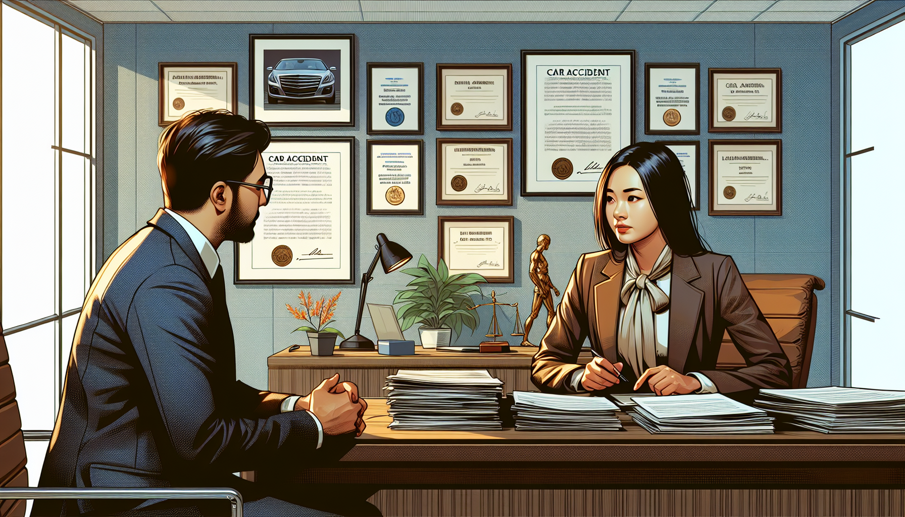 Visualize a professional setting in a law office, where an experienced at fault car accident lawyer is engaged in a detailed consultation with a client. The lawyer