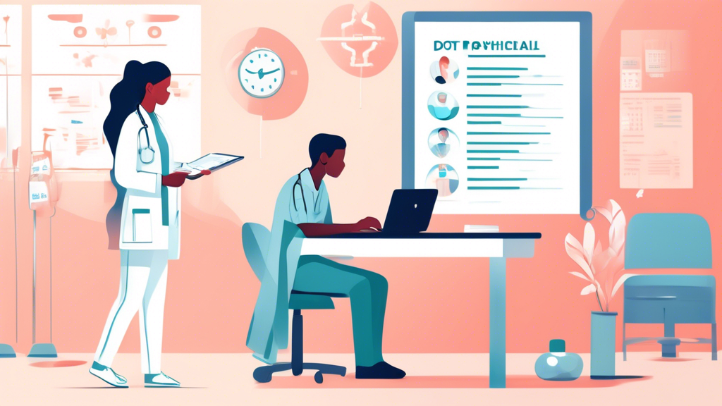 Create an illustration of a person preparing for a DOT Physical Exam in a bright, modern medical clinic. The person should be filling out necessary documentation and holding their health records. The setting should include friendly medical staff, clear signage for DOT Physical Exam, and visual elements that emphasize a smooth, efficient, and cost-effective process. Add subtle price tags or icons to denote affordability.