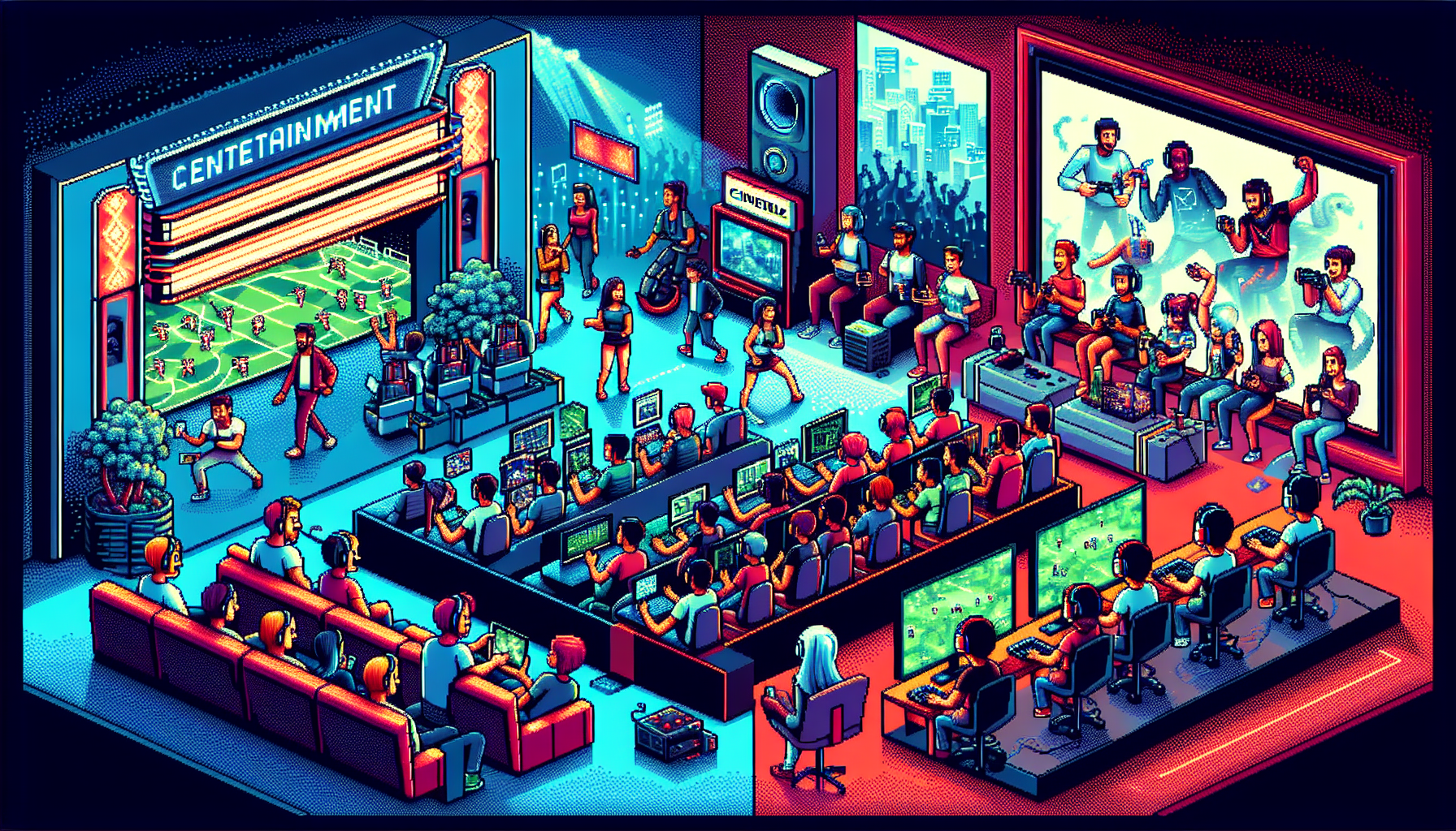Create an image depicting the significant impact of e-gaming on modern entertainment. Visualize a lively scene where traditional entertainment forms like cinemas and arcades juxtapose with e-gaming setups. Include excited gamers engaged in streaming and content creation with high-tech gaming equipment. Illustrate the socio-cultural influence by showing diverse communities and esports events, reflecting the vibrant, interconnected world of e-gaming.