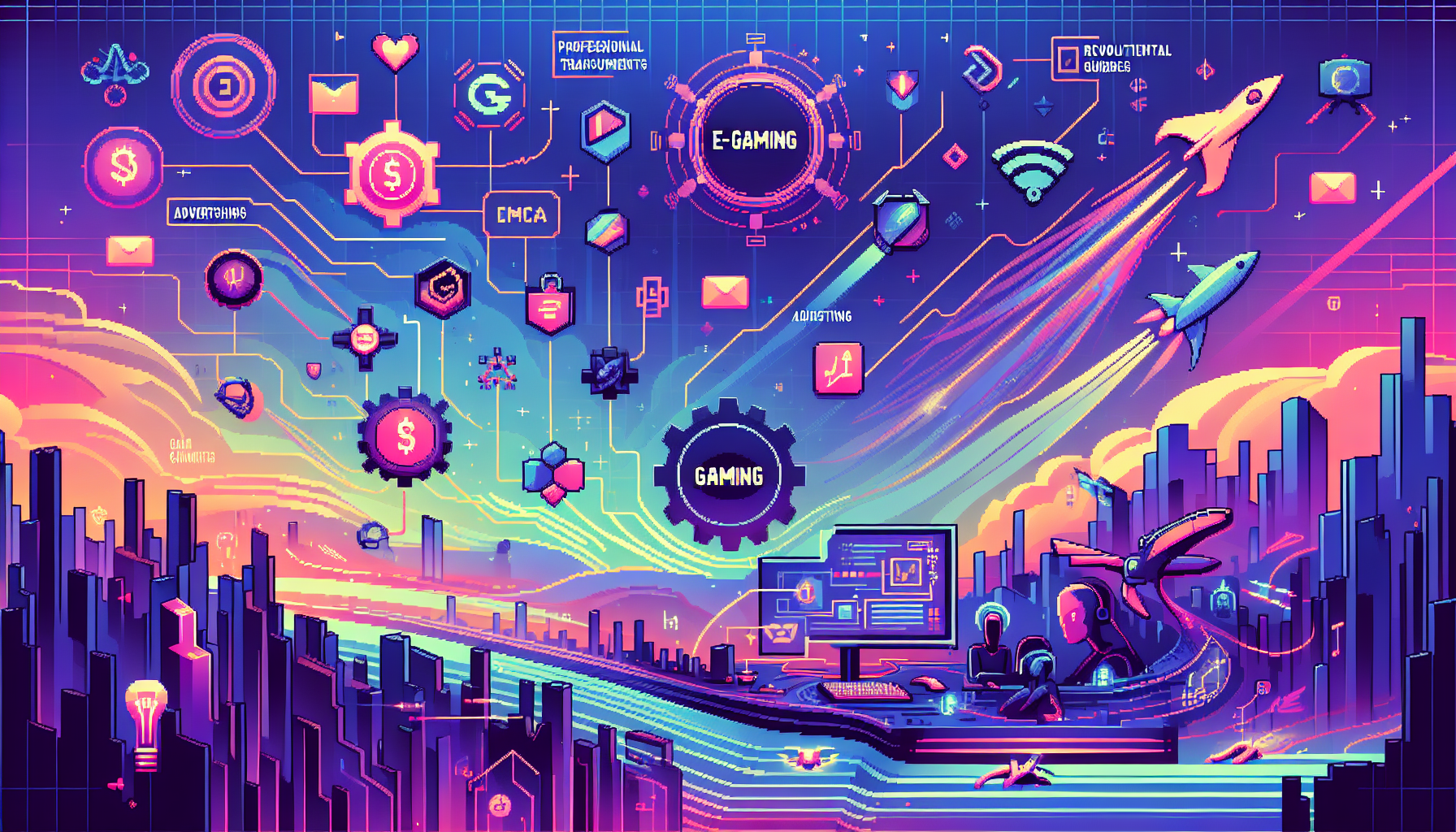 Prompt: A dynamic illustration showcasing the economic and developmental aspects of the e-gaming industry. The image highlights various revenue streams such as in-game purchases, sponsorships, and advertising. It also features diverse career opportunities within e-gaming, including roles such as professional gamers, streamers, and game developers. The background includes symbols of regulatory issues and market expansion challenges, with a touch of futuristic elements to evoke the growth and potential of the industry. Use a vibrant, cyberpunk-inspired color palette to emphasize the energetic and evolving nature of e-gaming.