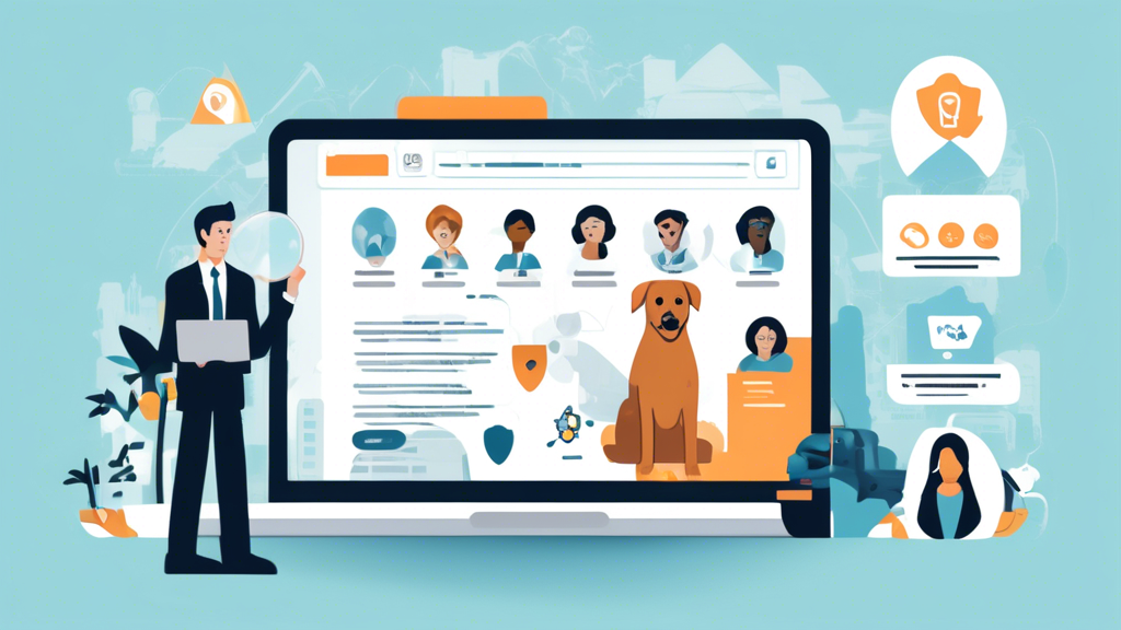 Create an image showing a person researching on a laptop with various tabs open displaying profiles of local attorneys and resources for finding legal representation. Highlight consultation tips and decision-making processes through floating icons like a magnifying glass, checklist, and thumbs-up. The background features a cityscape to emphasize the 