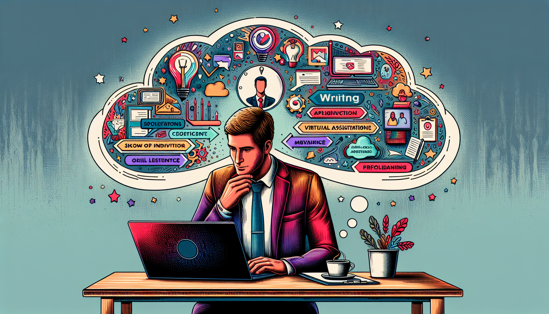 A detailed digital illustration of a person setting up their first online job from home. The foreground showcases a young professional at a tidy desk, surrounded by tools like a laptop, a coffee cup, and a notebook, portraying a feeling of focus and organization. The background features inspirational décor with motivational quotes. The image illustrates a step-by-step guide: first, identifying skills (represented with thought bubbles showing icons for writing, virtual assistance, etc.), then creating an appealing online profile (depicted on the laptop screen), and finally, browsing through client listings on various online platforms. The atmosphere should be encouraging and empowering, emphasizing the ease of getting started with online side hustles from home.