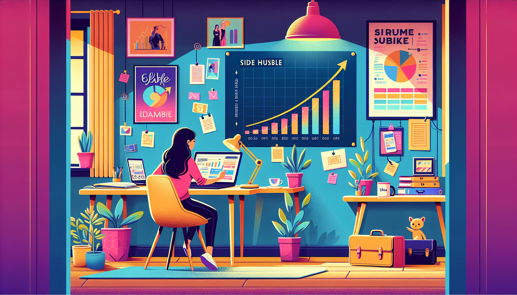 An illustration of a cozy home office setup with motivational posters on the wall, a laptop open on a desk showing graphs of increasing earnings, and a person juggling multiple side hustle tasks like writing, designing, and scheduling virtual meetings. The scene captures the essence of maximizing earnings from online side hustles at home, showcasing an organized, productive, and profitable workspace.