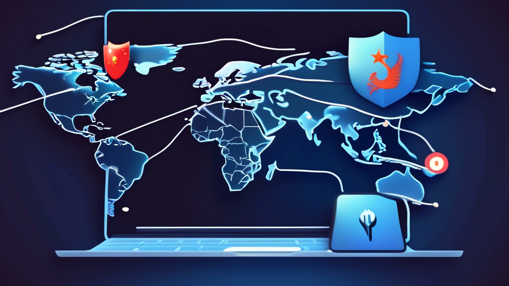 Generate an image showing a sleek, modern MacBook with a map of China displayed on the screen. Overlay icons of VPN-related features such as a shield for security, a lightning bolt for speed, and a globe for global server access. The background should feature the Great Firewall of China subtly blended into the design, symbolizing the challenges being bypassed.