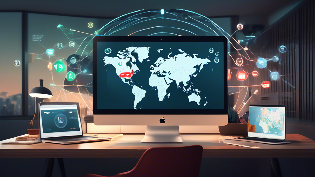 A digital illustration of a MacBook on a desk in a modern Chinese apartment, with an interface showing various VPN options like ExpressVPN, NordVPN, and Surfshark. The background shows subtle icons representing security (like a lock), global connectivity (world map with connecting lines), and performance (speedometer). The scene conveys technological sophistication and global connectivity, symbolizing the best VPNs for Mac users in China.
