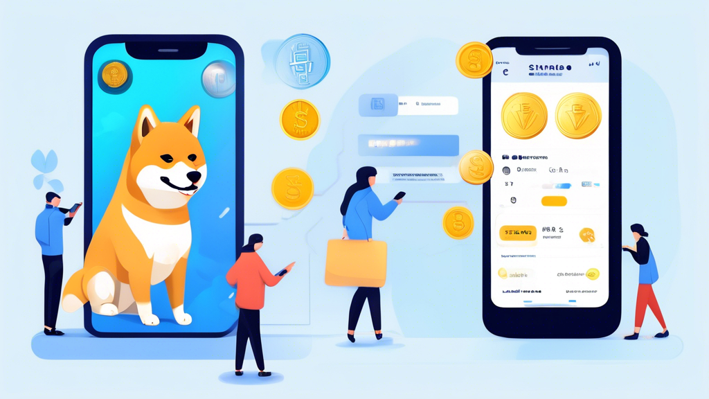 Create an image that illustrates the detailed steps to buy Shiba Inu Coin, focusing on setting up a crypto wallet, choosing the right exchange, account verification, and making a purchase. Show a sequence with visuals of a crypto wallet app on a smartphone, popular exchanges like Binance and Coinbase, a user completing account verification, and finally, a person making a purchase of Shiba Inu Coin.