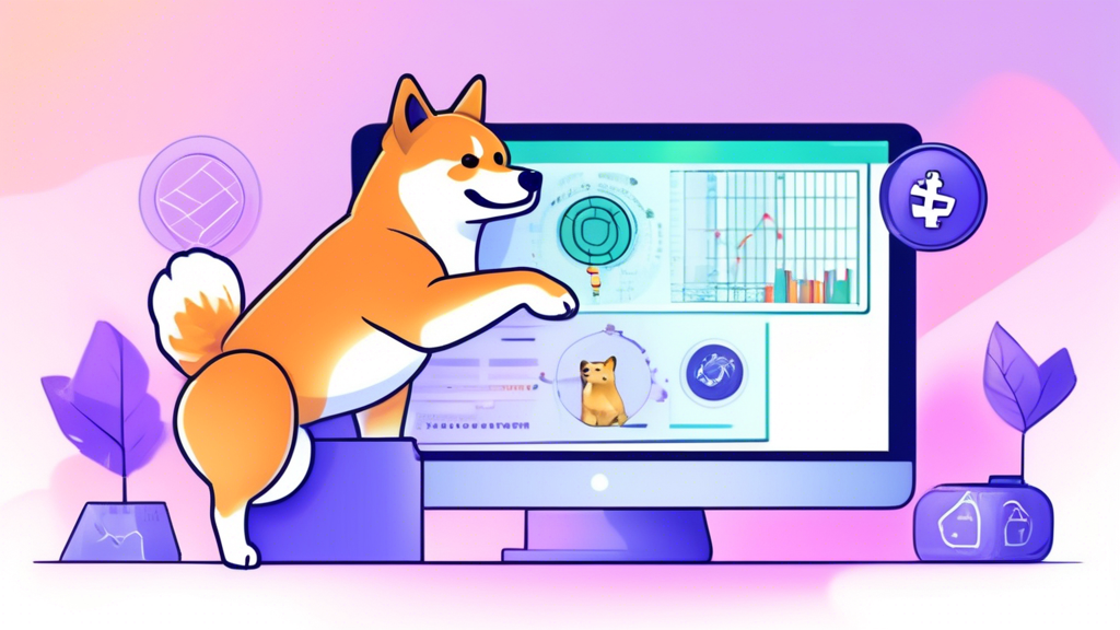 Create an image that visually represents the key considerations when buying Shiba Inu Coin. The picture should include a user sitting at a computer screen displaying a crypto exchange platform. The background can show charts and graphs symbolizing market analysis. Include icons of padlocks around the screen for security measures, and contrasting representations of a clock (short-term investment) and a tree (long-term investment) on either side of the user. Scatter some news articles and resources on the desk to indicate staying informed.