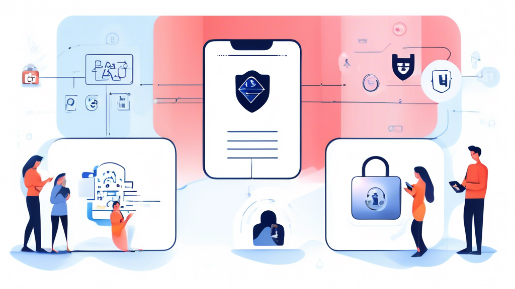 Create an image that illustrates the concept of Top Techniques for Enhancing Data Protection Online. Imagine a split-screen layout. On one side, showcase a strong, unique password written in a password manager with complex characters. On the other side, depict an activation of Two-Factor Authentication (2FA) on a smartphone. Additionally, include icons or elements representing regular software updates and encryption of sensitive information, such as a padlock symbol and a shield with a checkmark. The background should feature abstract digital security elements like binary code and locks to enhance the theme of data protection online.