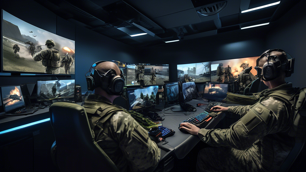 Create an image that showcases the dual training and operational aspects of the Army Esports Team. On one side, depict soldiers in full military gear practicing tactical maneuvers and engaging in traditional military training exercises. On the other side, illustrate the same soldiers in a high-tech esports gaming room, intensely playing video games on advanced setups with headsets and gaming controllers. Make the transition between the two scenes seamless, highlighting the balance the soldiers maintain between their military duties and their esports careers. Include subtle military-themed elements in the gaming room, such as camo patterns or military insignias on their gaming equipment.