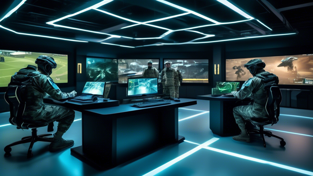 Create an image of the Army Esports Team set in a modern, high-tech training facility. Soldiers are seen both in military uniforms and esports gear, utilizing advanced simulators and gaming setups that merge military and gaming technologies. In the background, display a large screen showcasing futuristic holographic plans for the team