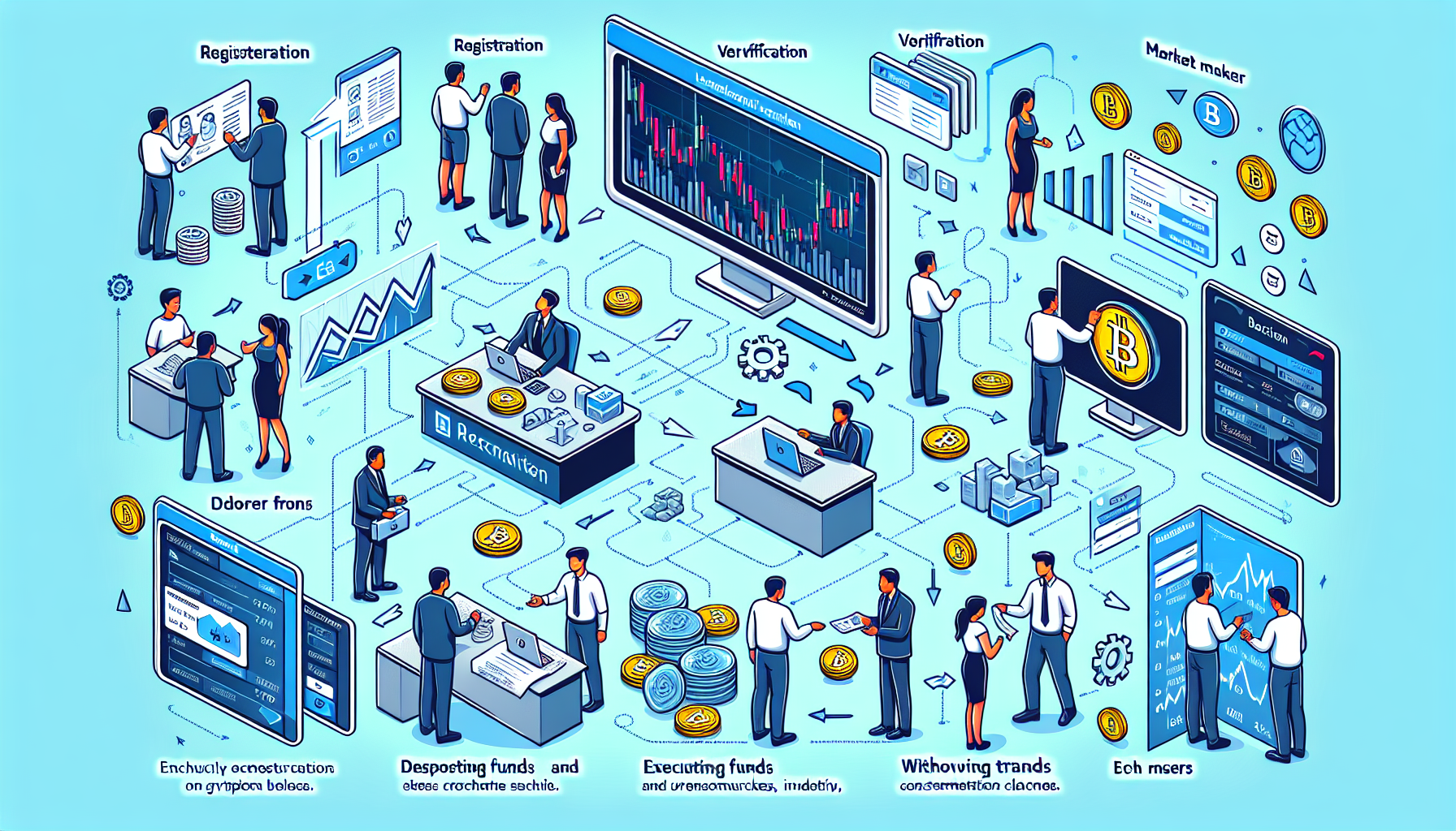 Create an image depicting the processes involved in transactions and exchanges on a centralized cryptocurrency exchange (CEX Crypto). Show elements such as the registration and verification steps, depositing funds, executing trades, and withdrawing funds. Include visual representations of users, market makers, and the CEX platform interface with charts, order books, and transaction confirmations. Use a clean, modern style with a focus on clarity and flow to illustrate how these mechanisms work seamlessly together.