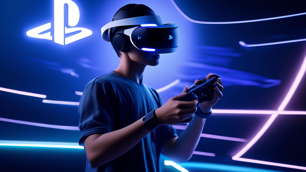 Prompt: A futuristic scene showcasing the PlayStation Virtual Reality 2 headset and new controllers, highlighting the sleek design and advanced hardware features. The background displays enhanced graphics and high-resolution gameplay on a PlayStation 5 console, demonstrating an immersive gaming experience. A mix of recognizable PlayStation game elements and settings are integrated to show compatibility and seamless integration with existing games. Keywords: playstation virtual reality 2.