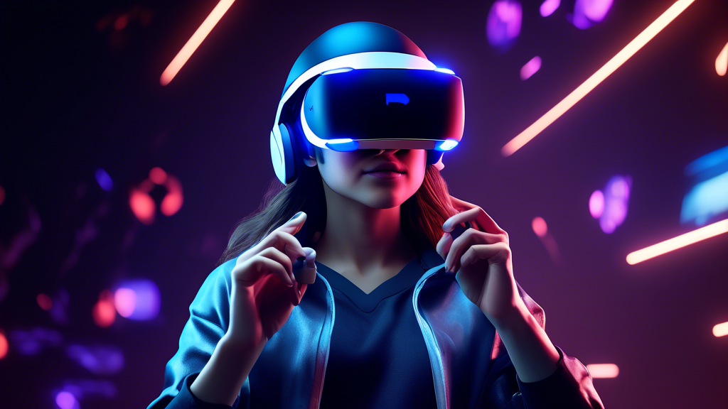 Create an image depicting the exciting future of gaming with PlayStation Virtual Reality 2. Show futuristic, immersive gaming environments with players interacting using the new PSVR2 headsets and controllers. Include elements like enhanced graphics, innovative game designs, and scenes from anticipated exclusive VR titles, all seamlessly integrated with the PlayStation 5 console. Emphasize the potential for groundbreaking experiences and the trend towards higher VR adoption. Keywords: PlayStation Virtual Reality 2, immersive gaming, futuristic.