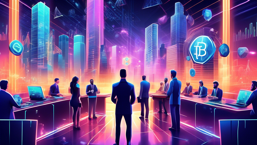 Create a highly detailed digital artwork illustrating the future of crypto finance trade. Include futuristic cityscapes with advanced technologies like holographic financial charts, blockchain networks, and virtual reality trading interfaces. Emphasize a seamless integration of emerging technologies such as AI, quantum computing, and secure DeFi platforms. Show industry experts in sophisticated, modern attire discussing market predictions in high-tech conference settings. Convey a sense of growth, high adoption, and an evolving regulatory landscape shaping the future.