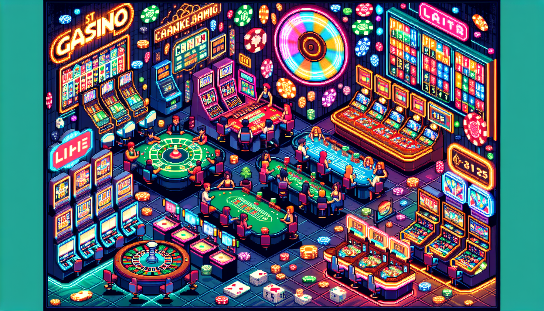 Create an image showcasing a vibrant digital casino with different game stations. Each station should visually represent popular free casino games like slots, poker, blackjack, and roulette. The slots area features colorful spinning reels, poker tables display intense card games, blackjack areas show cards and chips in action, and a roulette wheel spins energetically. Each station is labeled with the game name and illustrated with a friendly and inviting atmosphere. Include eye-catching graphics and elements that highlight the unique entertainment value of each game. Caption: Explore Popular Free Casino Games to Enjoy Online!