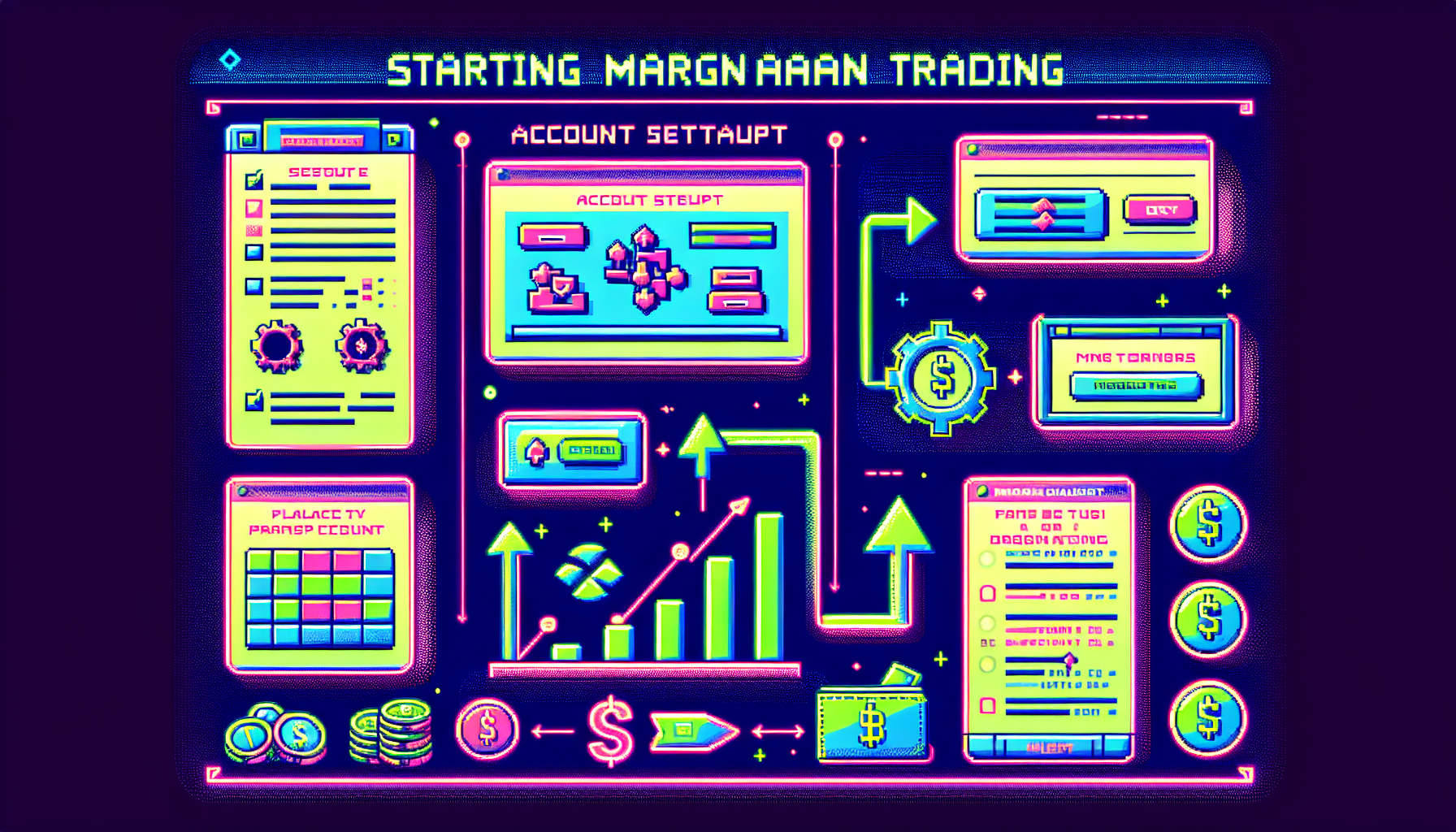 Create an illustration showing a user-friendly step-by-step guide to starting margin trading on Binance US. This includes visuals of setting up and enabling a margin trading account, transferring funds to a margin account, and placing different order types. Use clear and simple graphics to represent each step, with icons for account setup, money transfer, and trading execution. Ensure the Binance US interface and branding is evident in the design. Keywords: Binance US Margin Trading, account setup, fund transfer, executing orders.