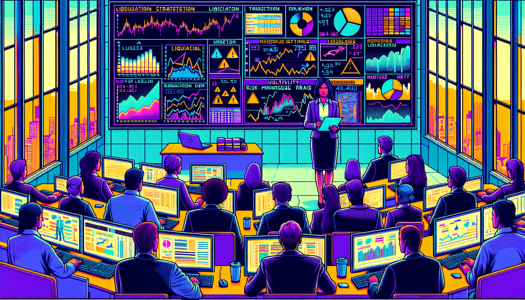 Create an image of a bustling office scene with various financial charts and graphs displayed on computer screens. Include a financial analyst giving a presentation on Risks and Strategies in Binance US Margin Trading. The presentation should highlight key points such as liquidation, volatility, and risk management strategies on the screen while attendees take notes. The atmosphere should be focused and professional, emphasizing the seriousness of understanding the risks and developing strategies in Binance US margin trading.