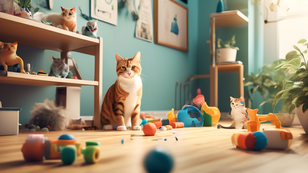 Create an image of a room with a happy cat playing with various toys and engaging in enrichment activities, surrounded by multiple well-maintained litter boxes. This scene should illustrate the strategies outlined for preventing and stopping cat marking behavior, such as implementing environmental enrichment and providing adequate litter box options. The image should convey a peaceful and harmonious environment where the cat is content and not engaging in territorial marking.