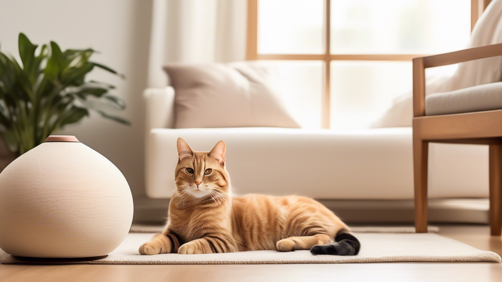 Create an image of a serene living room with a content cat lounging peacefully next to a strategically placed pheromone diffuser. The room is adorned with engaging cat toys and scratching posts, showcasing a consistent and enriching environment that promotes positive feline behavior. A subtle yet visually impactful sign in the background reads, Creating a consistent routine and setting boundaries - embodying the essence of effective strategies to manage and redirect cat marking behavior.