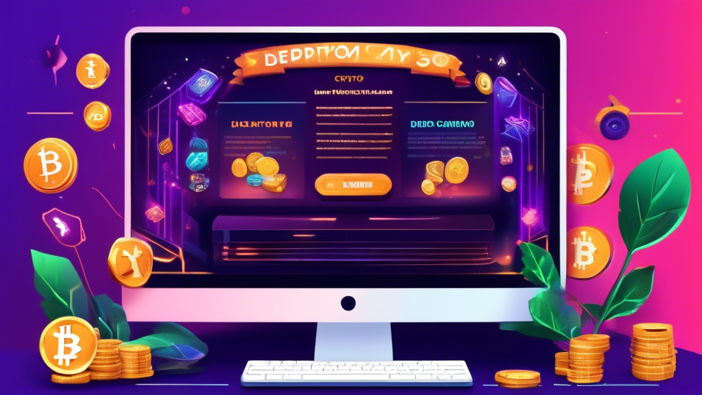 DALL-E prompt: An inviting, lively scene showing a user-friendly interface of a top crypto casino on a computer screen. Illustrate a step-by-step registration process, including a character filling out a simple form. Next to the computer, depict various cryptocurrency icons floating above a 