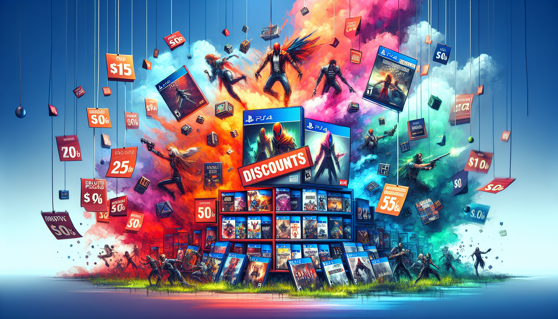 Create an image showing a dynamic and visually appealing sale display for popular PS4 games. The image features a colorful backdrop with game covers of top-selling PS4 titles like The Last of Us Part II, Ghost of Tsushima, and Spider-Man prominently displayed with large discount tags indicating significant price drops. Surrounding the game covers are banners that read Huge Discounts and Exclusive Price Drops. In the background, include a subtle, clear legible indication of major retailers or online stores where these deals can be found, to give context to where the deepest discounts are available.