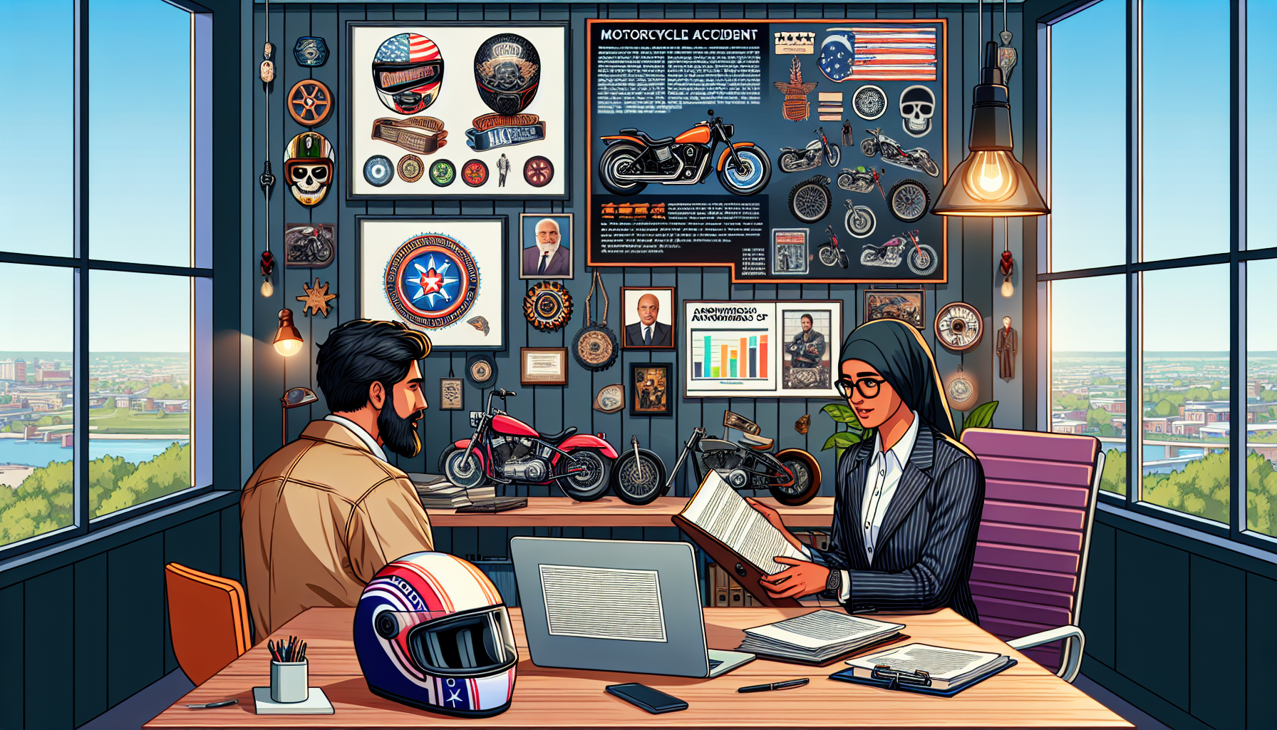 An experienced Harley crash lawyer reviews a thick case file in a cozy office filled with motorcycle memorabilia, including Harley-Davidson models and biker culture artwork, while discussion with a client who is wearing a Harley-Davidson jacket. On the desk, there