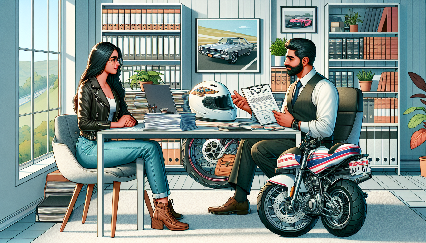 An illustration of a biker client and a Harley crash lawyer during an initial consultation in a cozy, professional office, with stacks of motorcycle documents, a model Harley-Davidson on the desk, and the lawyer explaining fee structures from a laptop.